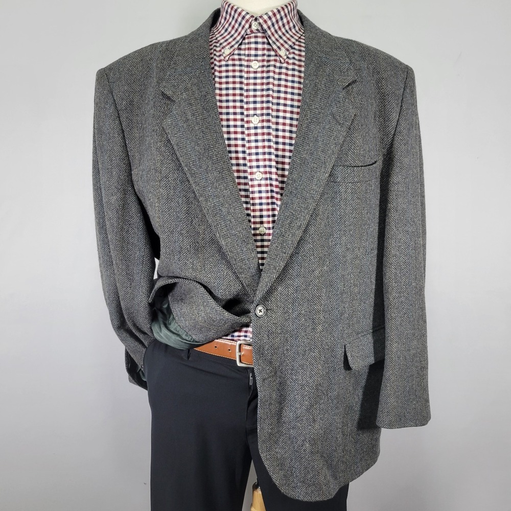 Cricketeer Men's Tweed‎ Sport Coat Two Button Gray Lambs Wool Herringbone 50R